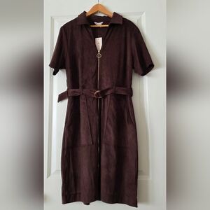 Western Chic Faux Suede Zip Front Belted Dress Womns 14 Brown NWT Nanette Lepore